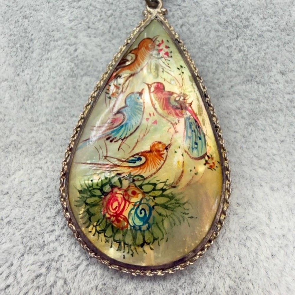 Vintage Persian Mother of Pearl Pendant Necklace Hand Painted Reversible 20" - Picture 3 of 13